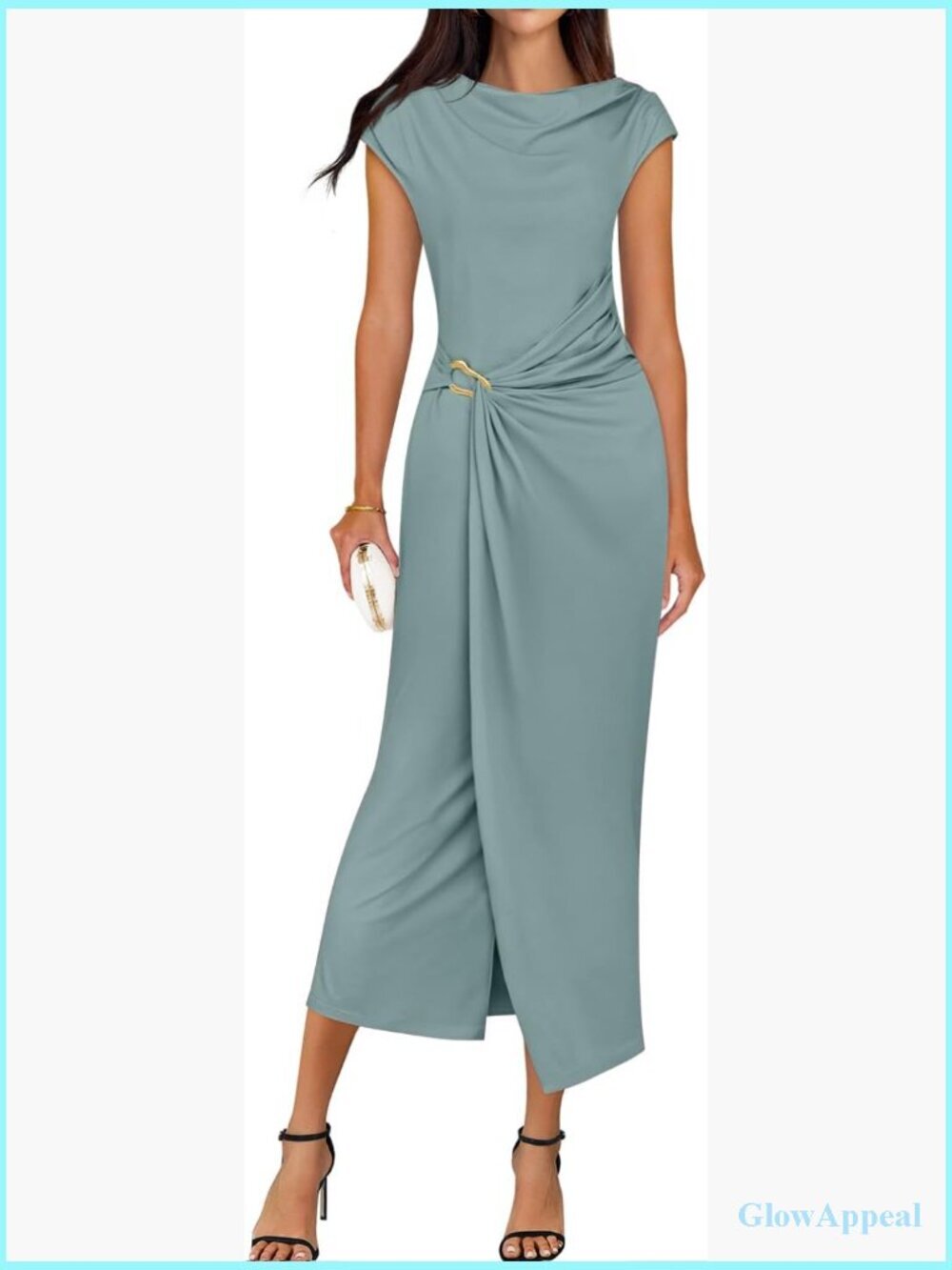 Women's Cap Sleeve Mock Neck Bodycon Midi Dress for Wedding Guest Cocktail